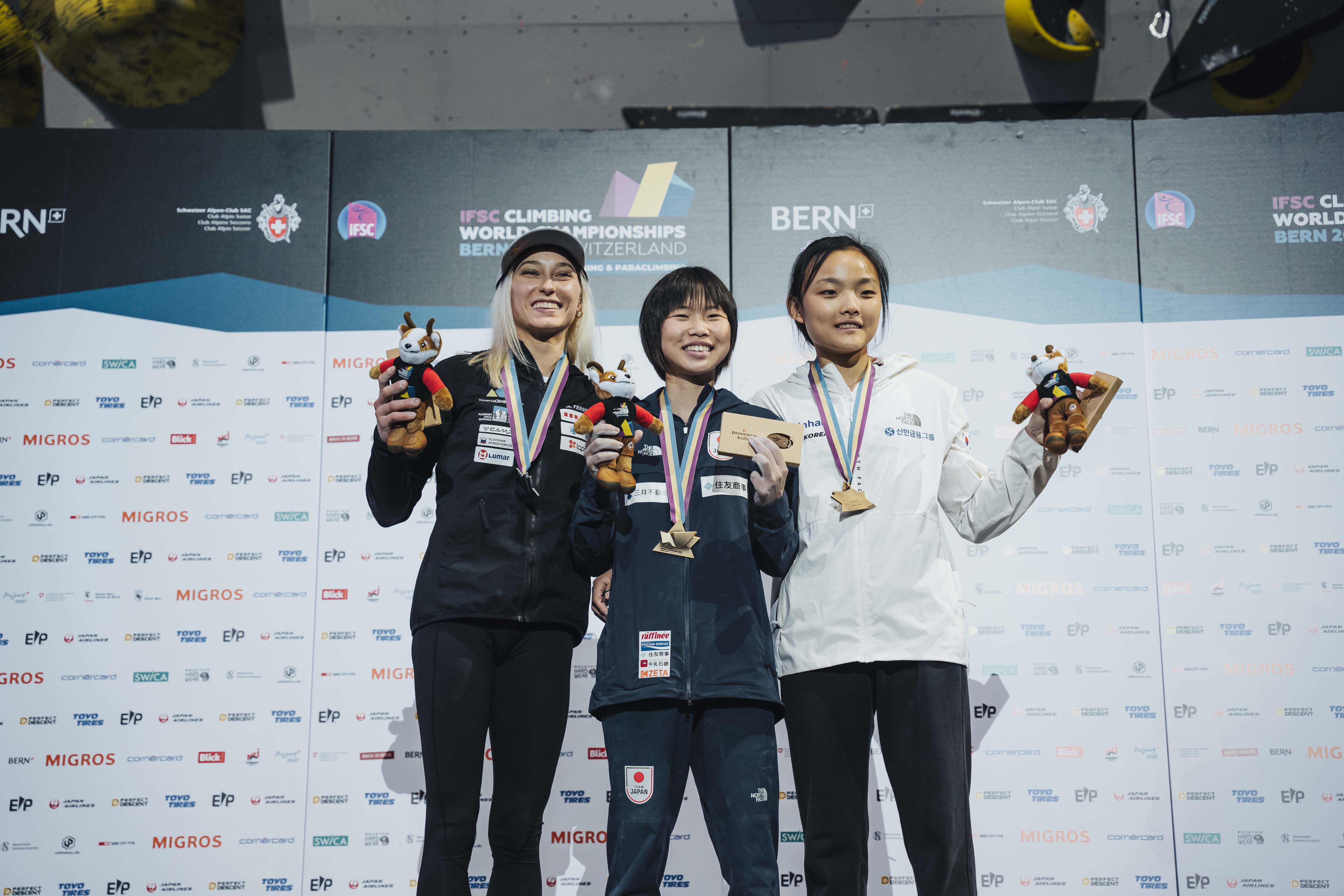 2023 IFSC World Championships Lead Climbing Winners. Female Winners: Ai Mori First place, Janja Garnbret Second Place, and Chaehyun Seo Third Place