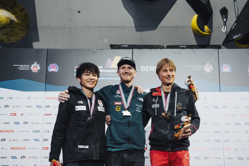 2023 IFSC World Championships Lead Climbing Winners. Men's Winners: Jakob Schubert in First Place, Anraku Sorato in Second Place, and Alex Megos in Third Place